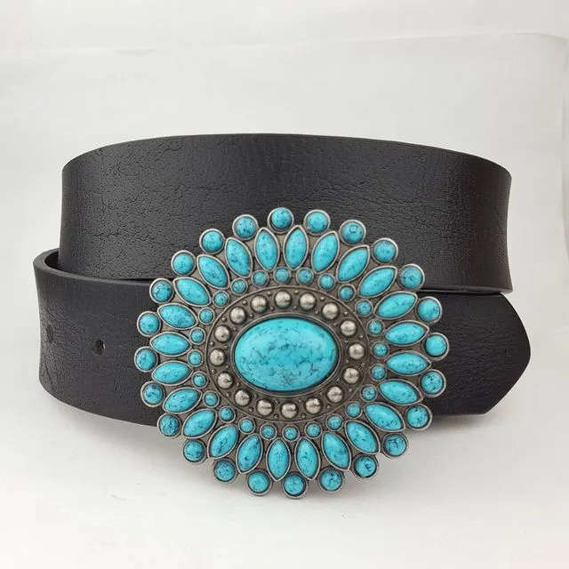 Western Turquoise Buckle with genuine leather belt