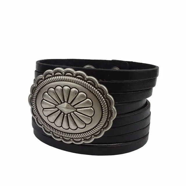 Genuine Leather Cuff with Silver Concho, Brown