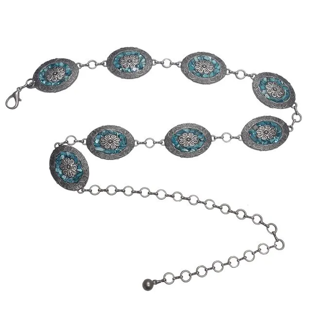 Western Oval concho Chain w. Chip stones, Blue Stone