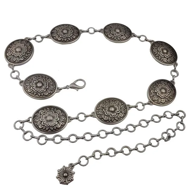 Western-Inspired Floral Concho Chain belt., Silver