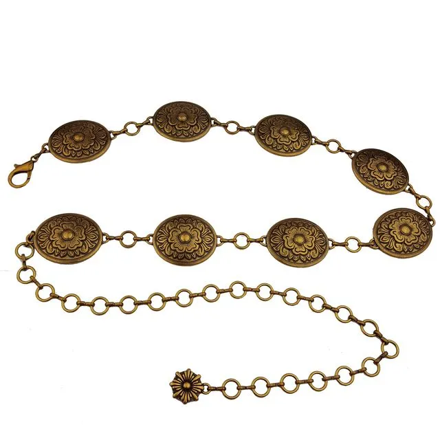 Western-Inspired Floral Concho Chain belt., brass