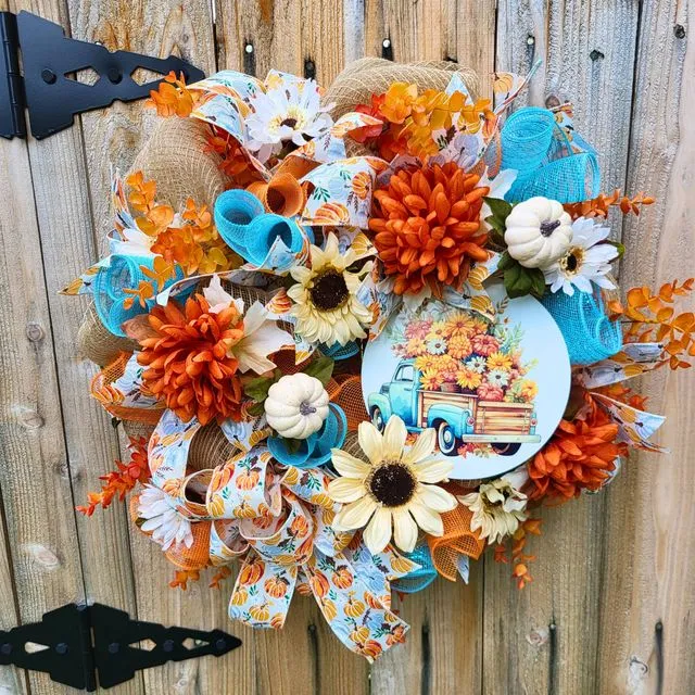 Vintage Blue Truck, Deco Mesh, and Fall Floral Wreath