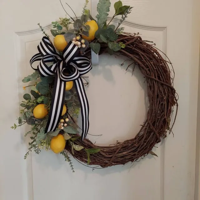 Lemon with black/white stripe twig wreath