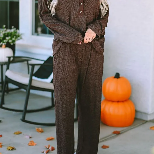 Ribbed Knit Collared Henley Top and Pants Lounge Outfit - (GD91557095 ~ BROWN)
