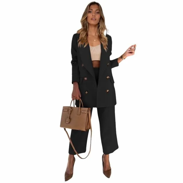 Casual Straight Pants Set With Large Lapel Double-Breasted Suit - BLACK