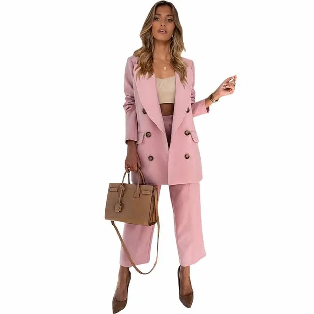 Casual Straight Pants Set With Large Lapel Double-Breasted Suit - PINK