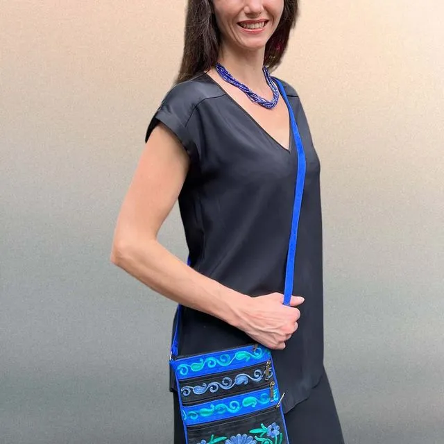 Suede Embroidered Blue and Green Five Zipper Crossbody Bag