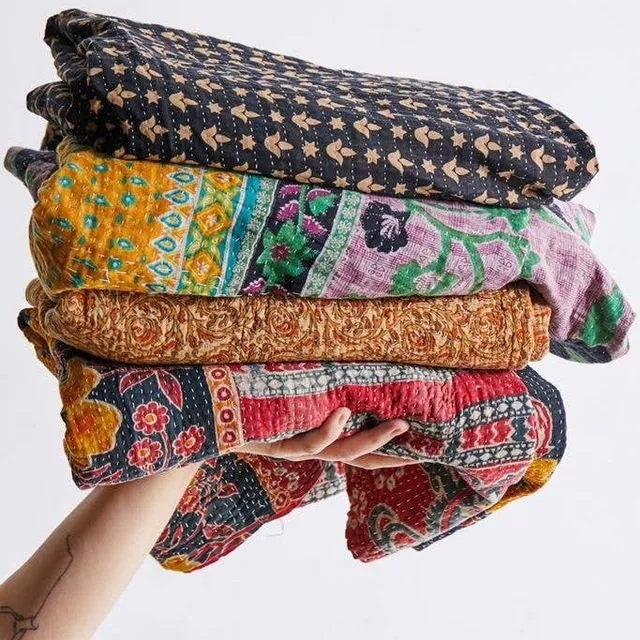 Kantha Throw Blanket Quilts, Bohemian Blankets