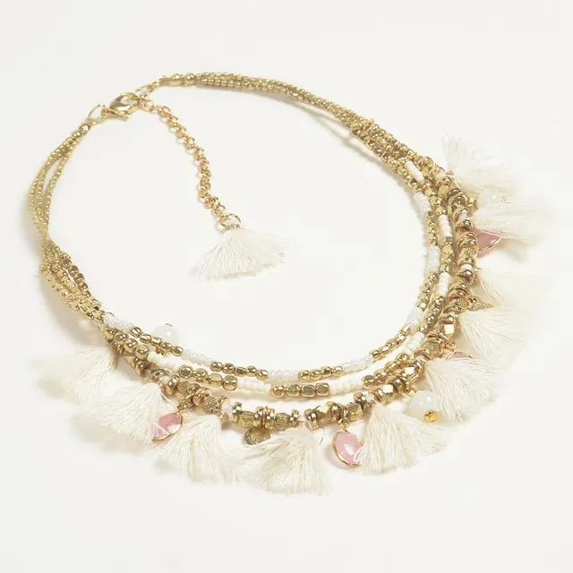 Brass Beaded & Tasseled necklace with Rose Charms