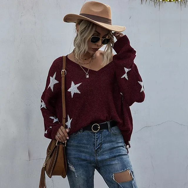 Casual Star Pattern V-Neck Fringed Knitted Sweater-BURGUNDY