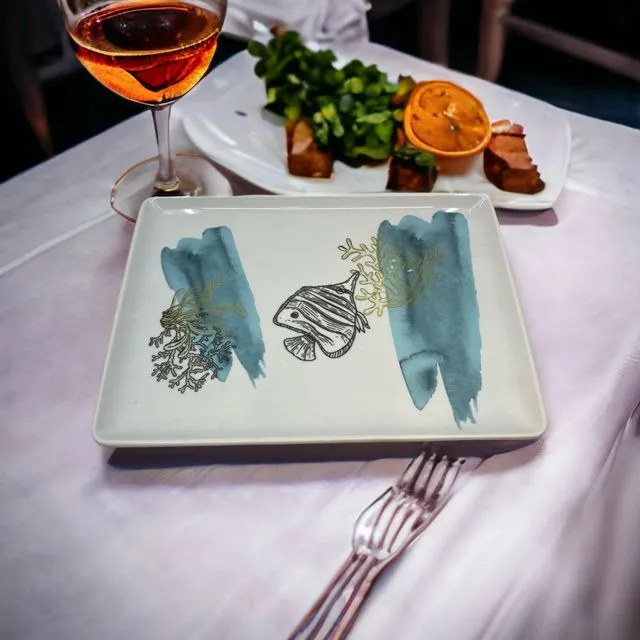 Small Porcelain Plate, Nature Style, Marine Fish Colour, Size: 18 cm | Bascuda