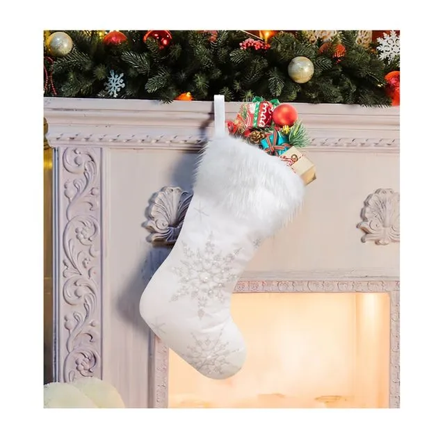 Snowflake Beaded Fur Patchwork Christmas Stocking Gift Bag - SILVER