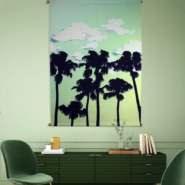 Wall Decoration Object Wall Hanging palms in California fabric 90x130 cm blue green neon printed cotton