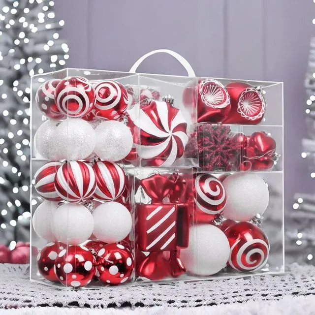 Premium Christmas Candy Red and White Large Ornament Set, Candycane Color 108 Piece Bauble Bundle