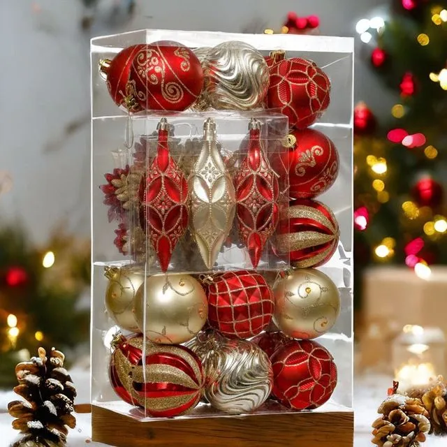 Red and Gold Glitter Luxury Shatterproof Christmas Ornament Bauble Set