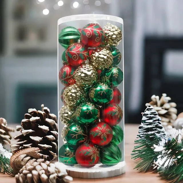 Uniqely Patterned Christmas Bauble Set, 35 Ornaments with Red, Green, and Gold