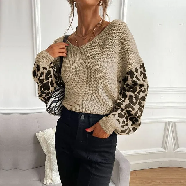 Round Neck Lantern Sleeve Leopard Print Knitted Sweater - Apricot