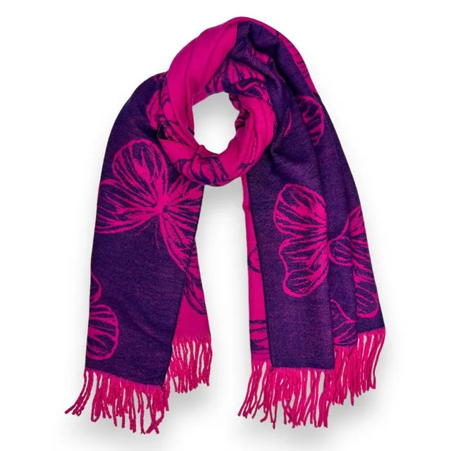 Butterfly print on cashmere blend reversible scarf in hot pink