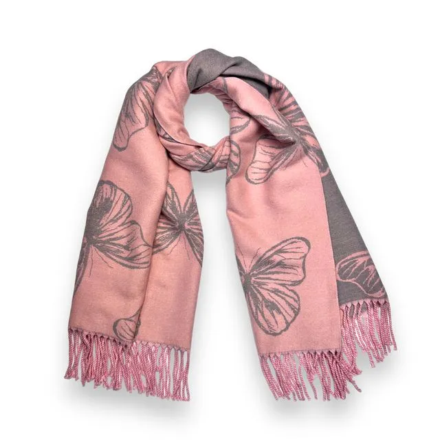 Butterfly print on cashmere blend reversible scarf in pink