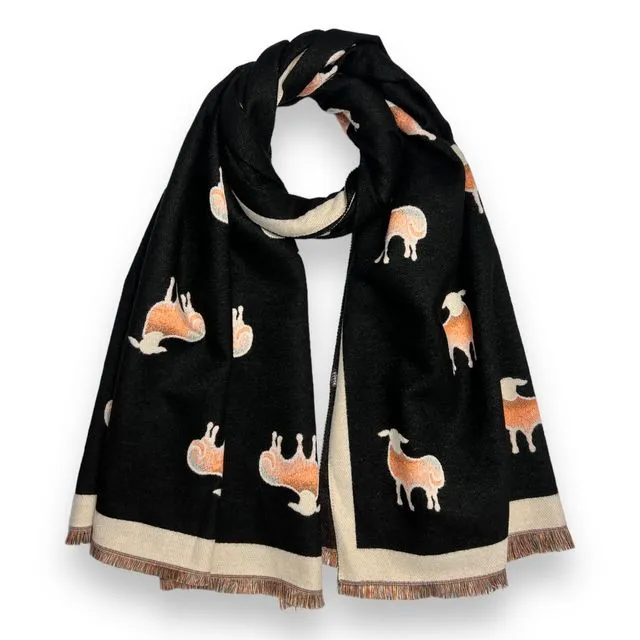 Sheep print on cashmere blend scarf finished with fringes in black