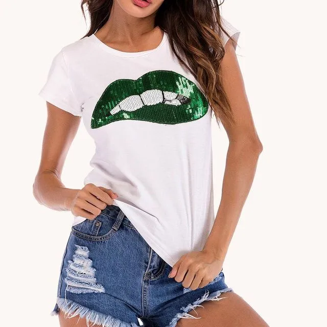 Green Lip Relaxed Simple Style T Shirt Top In White