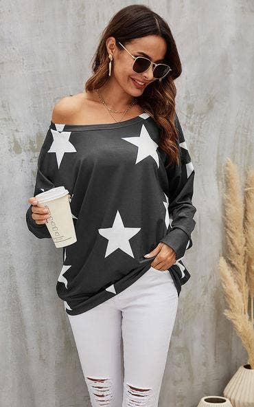 Oversized Star Print Top In Charcoal Grey