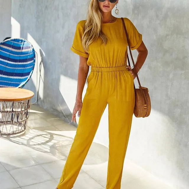 Back Detail Short Sleeve Jumpsuit In Yellow