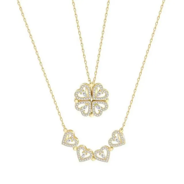 Magnetic Four Leaf Clover/Hearts Necklace In Gold