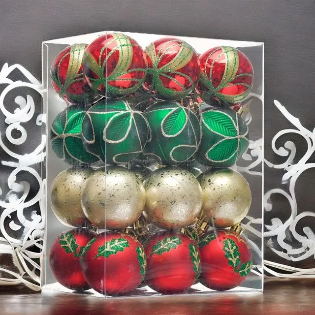 Refined Ornament Bauble Set, 24 Piece Red, Gold, and Green Glitter Christmas Bundle
