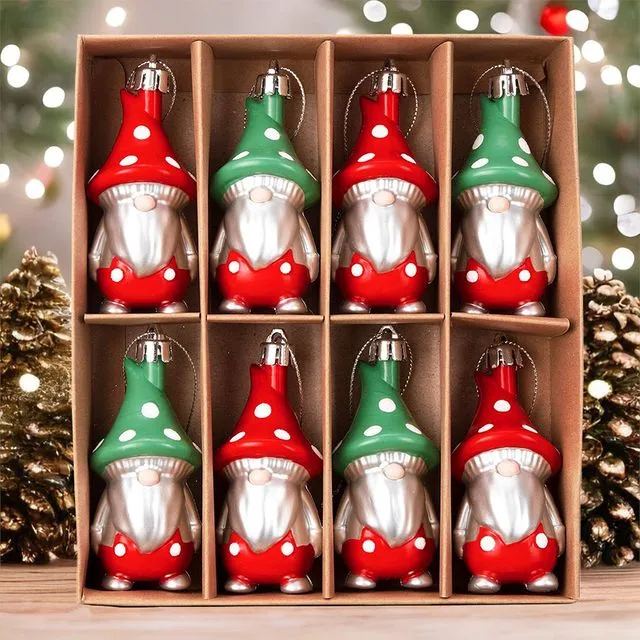 Red and Green Polka Dot Christmas Folksy Gnome Ornament Set, 8 Shatterproof Tree Gnomies