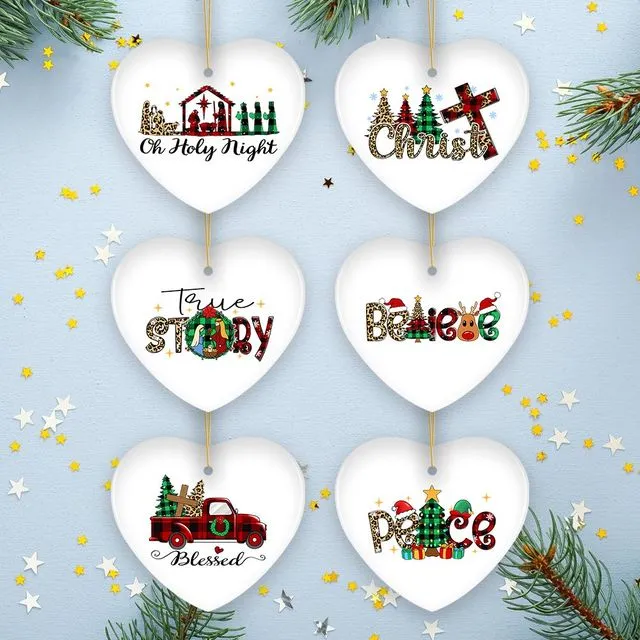 Religious Theme Plaid Ceramic Heart Christmas Ornament Bundle, Jesus and Christian Nativity