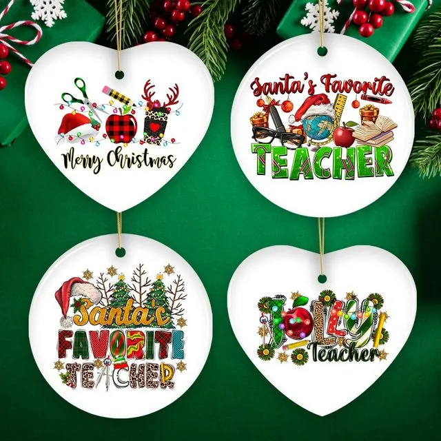 School Teacher Holiday Plaid Christmas Ornament Bundle, Ceramic Appreciation Gifts