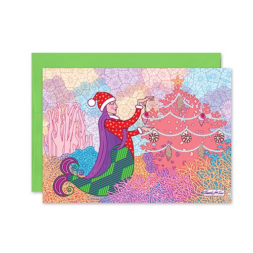 Mermaid Trimming the Coral Tree Christmas Holiday Card