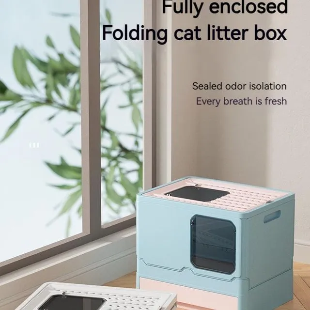Foldable Cat Litter Box With Lid Kitty Toilet Top Entry Enclosed Cat Potty Anti/Splashing Covered Drawer Type Pet Litter Pan with Cats Litter Scoop