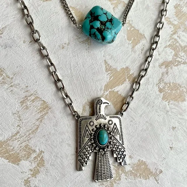 Thunderbird and turquoise double layered necklace