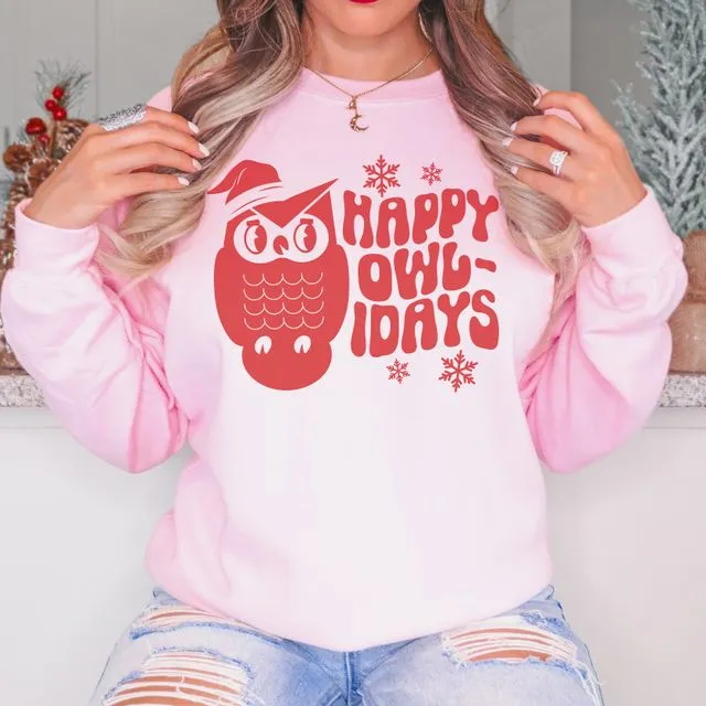 Happy Owlidays Pink Crewneck Sweatshirt