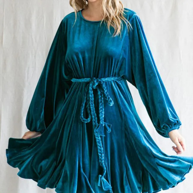 Solid velvet dress with a U-neck, back buttoned closure, braid tie waistline, and long dolman sleeves. - (JFH10364 ~ TEAL)