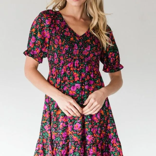 Floral print baby doll dress with a smocked bodice, short bubble sleeves, and a ruffle hemline. - (JFG20112 ~ BLACK)