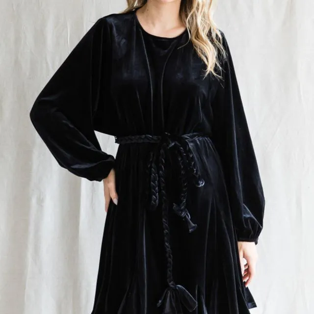 Solid velvet dress with a U-neck, back buttoned closure, braid tie waistline, and long dolman sleeves. - (JFH10364 ~ BLACK)