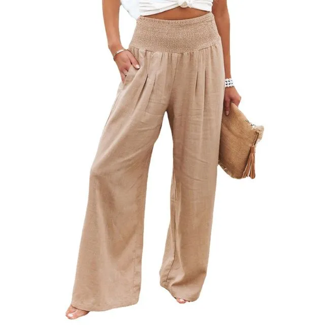 Casual Pants With Elastic Waist And Wide Leg Made Of Cotton And Linen-KHAKI