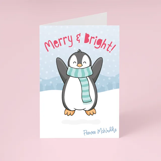 Penguin Christmas Card With Silver Envelope - Merry & Bright! Design