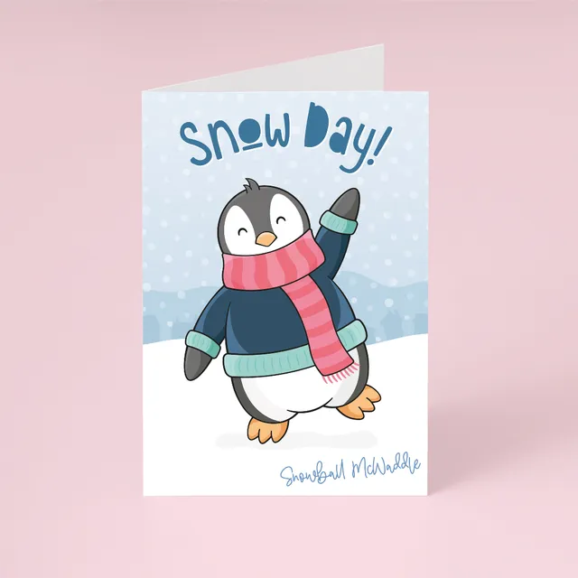 Penguin Christmas Card With Silver Envelope - Snow Day! Design