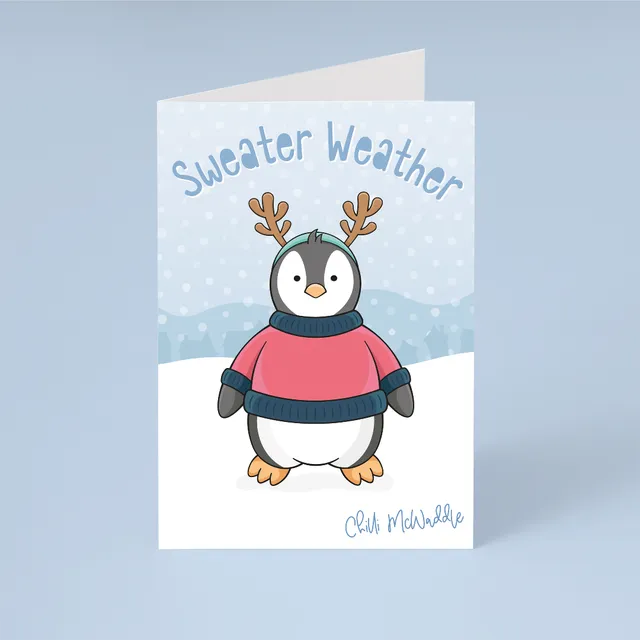 Penguin Christmas Card With Silver Envelope - Sweater Weather Design