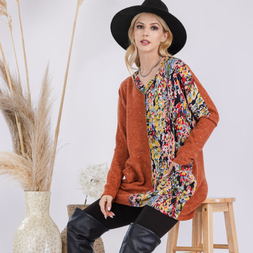 Rust floral V-neck long sleeve tunic -Pack of 6 -CT43673