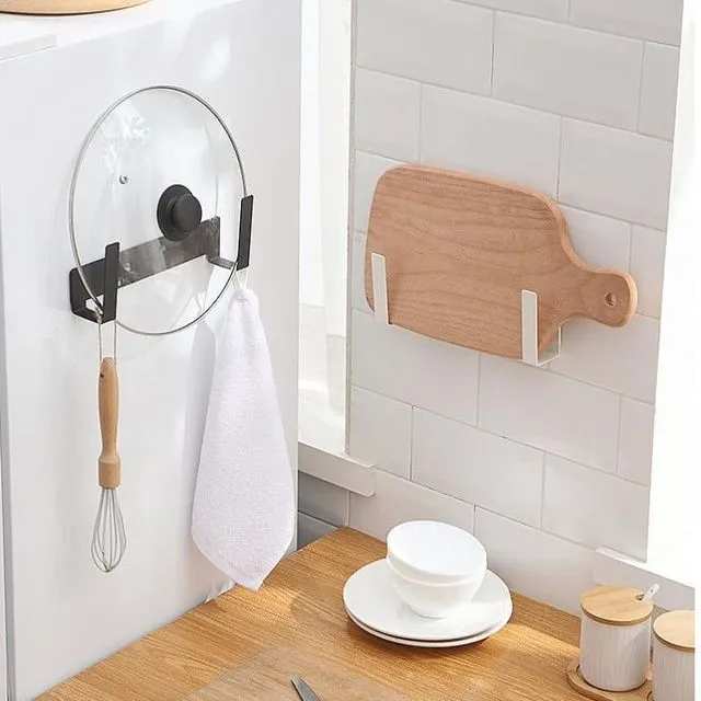 Wall-Mounted Pot Lid Rack-Self-Adhesive Carbon Steel Pot Cover Storage Rack,with Drain Pan and Cutting Board Shelf
