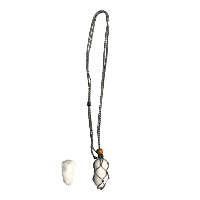 Grey Macrame Necklace, White Agate Tumbled, with White Agate Rough Cut