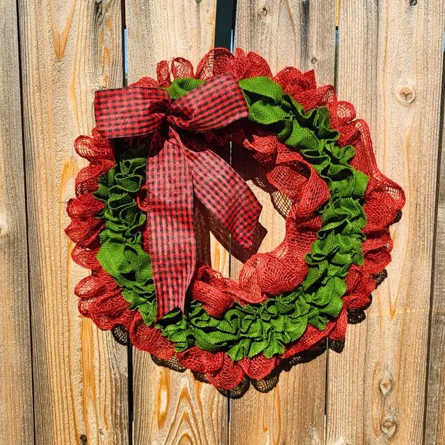 Red and Green Burlap Christmas Wreath