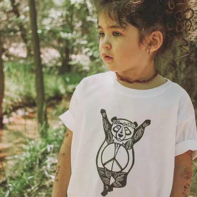 Inner Peace Panda Kids Tee Shirt, Children's Yoga Clothes, White