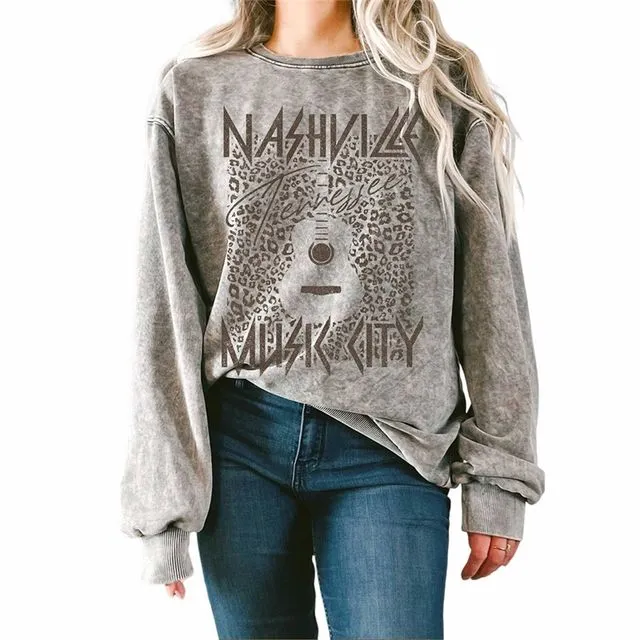 Nashville Music City Leopard Mineral Terry Sweatshirts - GRAY
