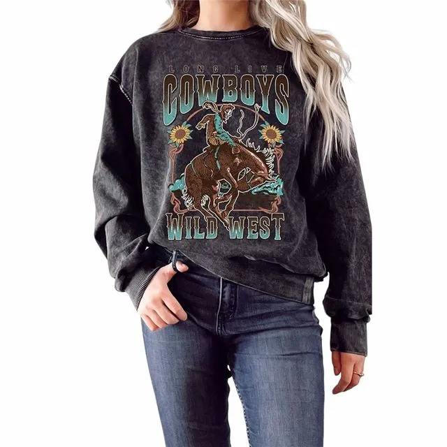 Long Live Cowboys Wild West Mineral Terry Sweatshirts - BLACK
